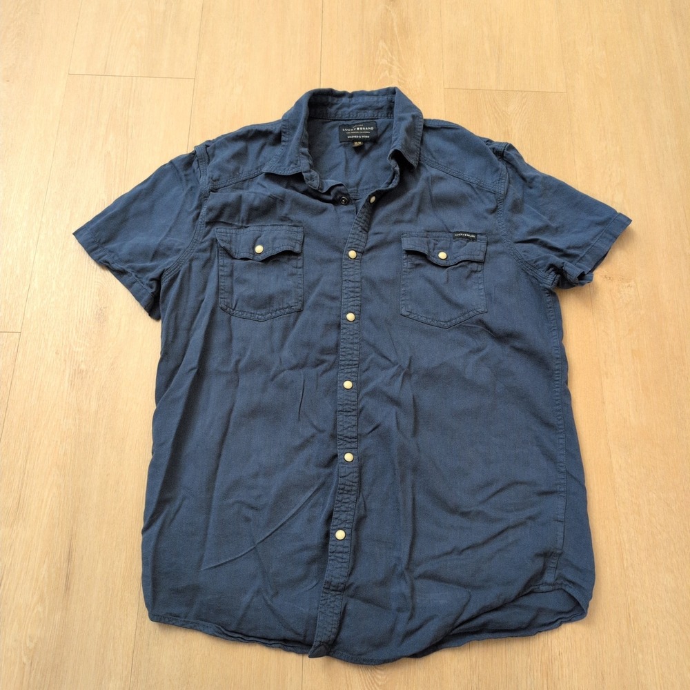 Lucky Brand Mens Navy Blue Short Sleeve Snap Front Western Shirt Medium